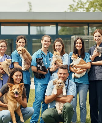Групове фото: усміхнена команда волонтерів та ветеринарів з підопічними тваринами на руках перед сучасною будівлею притулку у сонячний день; атмосфера радості та єдності.