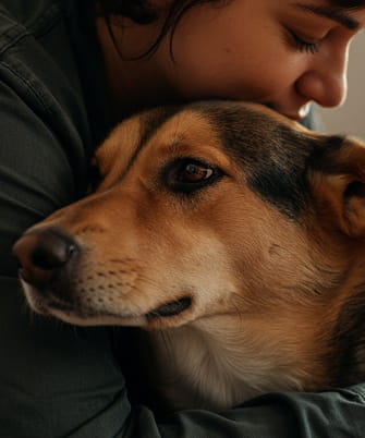 Великий план: людина ніжно обіймає собаку в теплому, м'якому світлі, передаючи атмосферу любові та довіри.